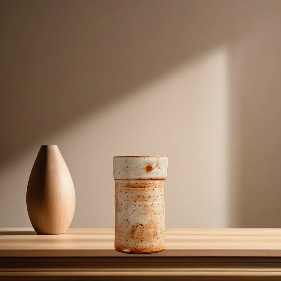A speckled stoneware vase on a light oak table against a warm plaster wall, made with PicDad's AI scenes